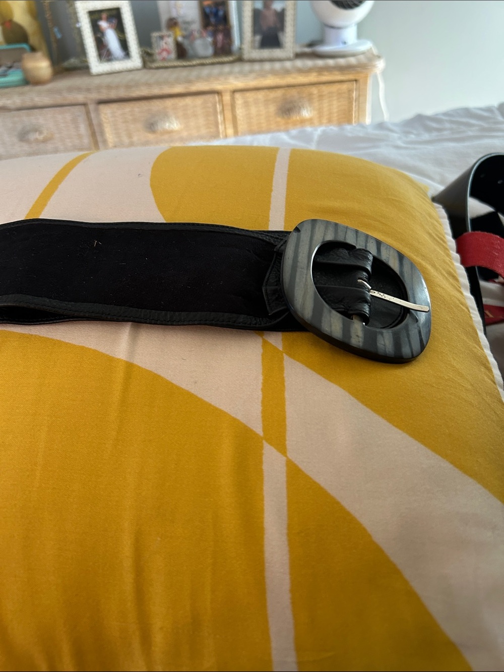 Wide Black Soft LeatherBelt with Oversized Gray Marbled Buckle